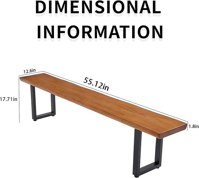 Durable Solid Wood Top Bench with Sturdy Metal Legs – Versatile Dining & Office Seating - Multi-Size Options Ideal for Living Room, Dining Room, and Home Office(Dark yellowbench, 55.12in)