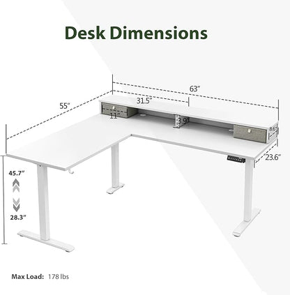 Agilestic L Shaped Electric Standing Desk with 2 Drawers, 63 Inch Ergonomic Adjustable Height Desk with Storage, Corner Desk Sit Stand up Computer Table for Work Office Home, White