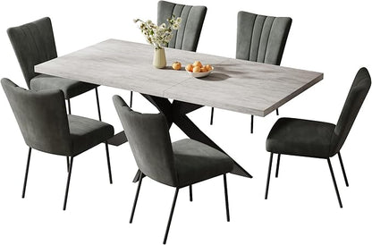 ZckyCine 6-Piece Extendable Dining Table Set, Modern 51''–67'' Grey Wood Table with 6 Black Fabric Chairs, Dining Room Table and Chairs for 6, Ideal for Kitchen or Dining Room