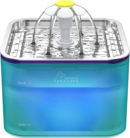 Crystal Cat Water Fountain Stainless Steel, 101oz/3L Pet Fountain with LED Light for Cats and Dogs (Green)