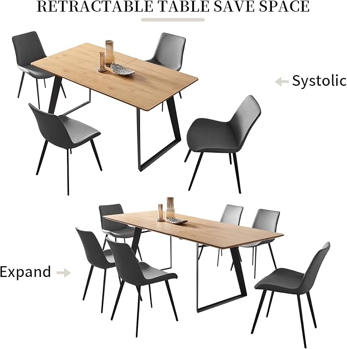 ZckyCine 63"-79" Expandable Dining Table Set for 6, Modern Oak Wood Table & 6 Grey Chairs – Extendable Dining Set for Kitchen & Dining Room