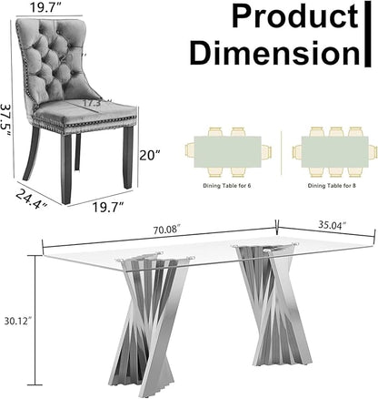 Goujxcy 70" Glass Dining Table Set for 4, Modern Silver Dining Table Set with 4 Black Velvet Upholstered Dining Chairs, 5 Piece Kitchen Dining Room Table Set with Stainless Steel Legs