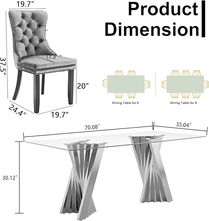 Goujxcy 70" Glass Dining Table Set for 4, Modern Silver Dining Table Set with 4 Blue Velvet Upholstered Dining Chairs, 5 Piece Kitchen Dining Room Table Set with Stainless Steel Legs