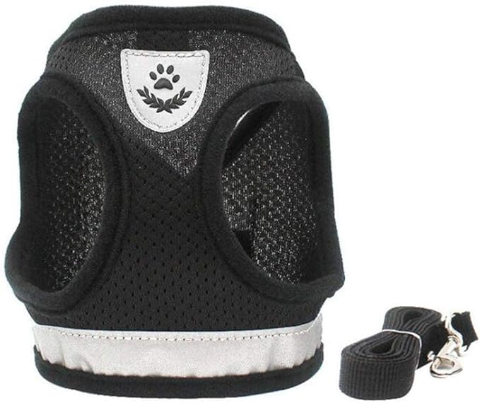 FEimaX Dog Harness and Leash Set for Walking, Soft Mesh Adjustable Easy Control Lightweight Cat Vest Harnesses with Reflective Strips, Escape Proof Small Dogs Cats Vests (Black, Large)