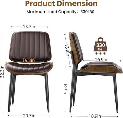 Dining Chairs Set of 2, Mid Century Modern Dining Room Kitchen Chairs, Upholstered PU Leather Vertical Stripe Chairs for Vanity with Walnut Bentwood and Metal Legs, Brown