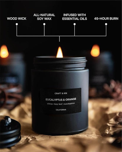 Craft & Kin Premium Orange & Eucalyptus Candle | Black Christmas Scented Candles for Home | Long Lasting with 45 Hour Burn Time, 7.6oz | Soy Holiday Candle | Aromatherapy at Home | Gifts for Men