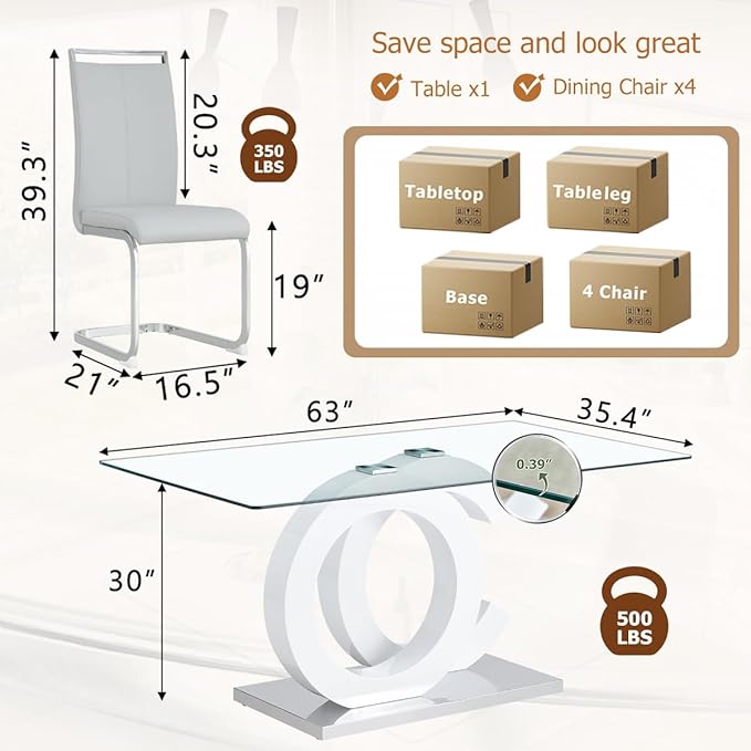 63'' Glass Dining Table Set for 4, Kitchen Table Chairs Set of 4, Clear Glass Dining Table with White unique design Leg and Silver Metal Base, 4 PU Dining Chairs with Metal Legs, Living Room, Kitchen.