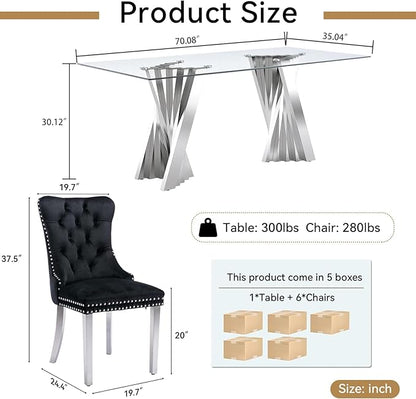 7 Piece Dining Table Set with 6 Black Dining Chairs, Modern Glass Kitchen Table and Chairs Set for 6, 70" Rectangle Silver Glass Pedestal Dining Room Tables with Flash-Shape Stainless Steel Base