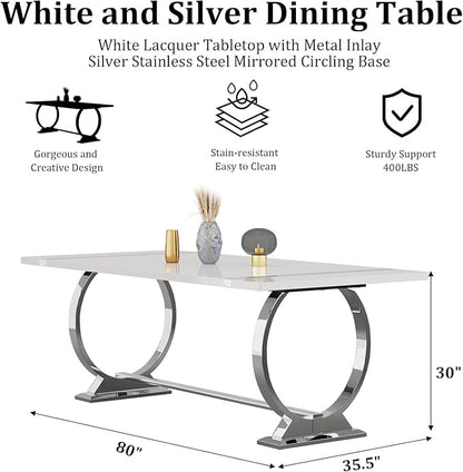 ACEDÉCOR 80" White and Silver Dining Table for 6-8, Modern Large Rectangular Lacquer Top and Chrome Metal U Shaped Base