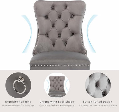 Luxury Upholstered Dining Chairs Set of 2, Grey Kitchen Chair with Silver Metal Legs, Velvet Tufted Back Dining Chair, Sillas de Comedor, Modern Kitchen & Dining Room Chairs (Gray, 2 Pcs)