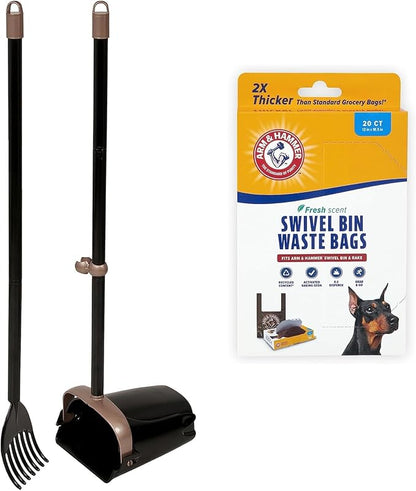 Arm & Hammer Pooper Scooper Swivel Bin & Rake Dog Poop Scooper with Petmate Heavy Duty Poop Bags 20 Count Refill Pack