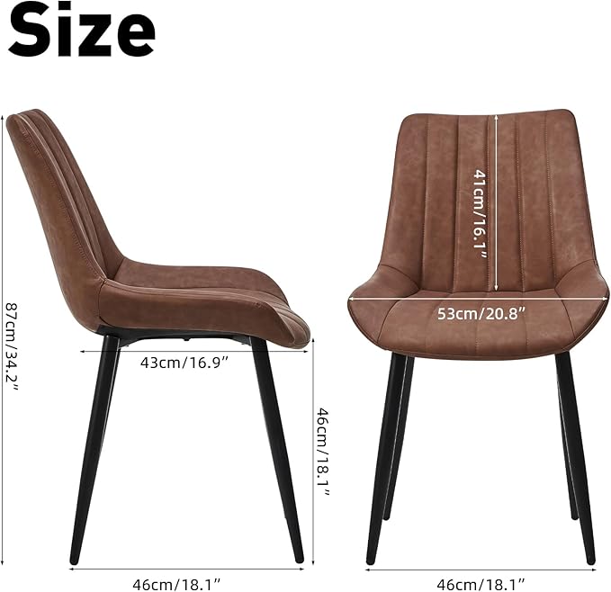 Dining Chairs Set of 2, Faux Leather Modern Linear Design Dining Chair with Metal Legs, 16.9" Seat Width Chair for Kitchen, Lounge, Reception Room, Restaurant, Commercial (Brown)