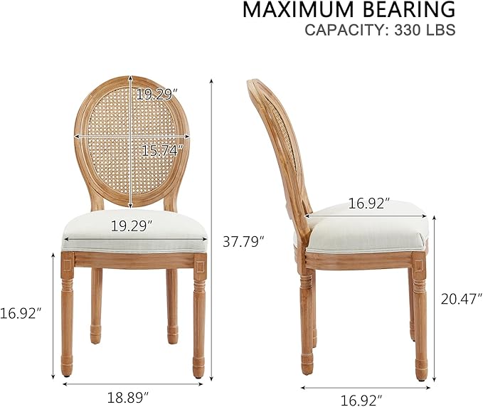 Nrizc French Country Dining Chair Set of 2, Vintage Chic, Upholstered and Carved Wooden Frames, Beige Linen Fabric, Lightweight and Sturdy, Ideal for Dining Room, Kitchen, Living Room, Bedroom