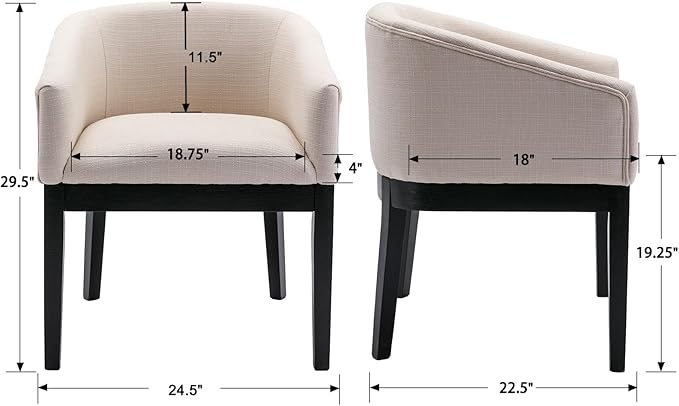 Mid-Century Modern Beige Dining Chairs Set of 6, Linen Upholstered Kitchen Dining Room Chairs with Black Wood Legs, Curved Backrest Armchairs, Beige