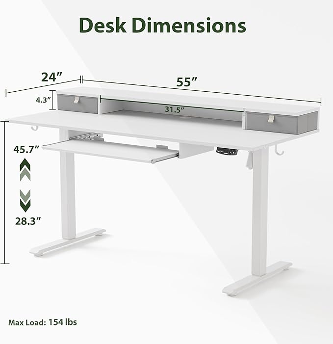 Agilestic Electric Standing Desk with 2 Drawers and Keyboard Tray, 55 x 24 Inches Ergonomic Adjustable Height Desk with Storage, Sit Stand up Desk Computer Workstation, White