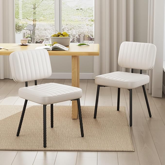 Dining Chairs Set, Upholstered Mid Century Modern Kitchen Dining Room Accent Chairs with Faux Leather Cushion Seat & Metal Legs for Kitchen, Living Room (White, Set of 2)