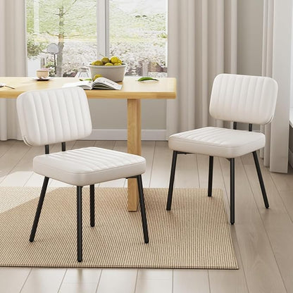 Dining Chairs Set, Upholstered Mid Century Modern Kitchen Dining Room Accent Chairs with Faux Leather Cushion Seat & Metal Legs for Kitchen, Living Room (White, Set of 2)