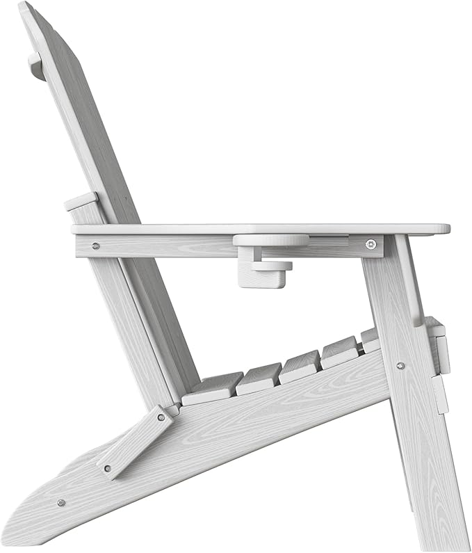 Plawdlik Folding Adirondack Chair, SGS Tested, Wooden Textured with Cup Holder, Heavy All-Weather HDPE Comfortable Set Poolside Backyard Lawn White