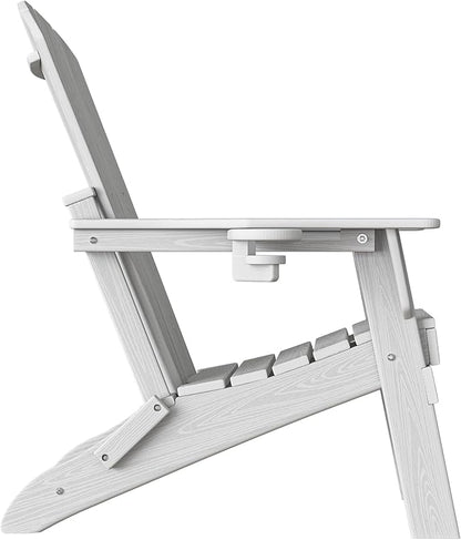Plawdlik Folding Adirondack Chair, SGS Tested, Wooden Textured with Cup Holder, Heavy All-Weather HDPE Comfortable Set Poolside Backyard Lawn White Set 2