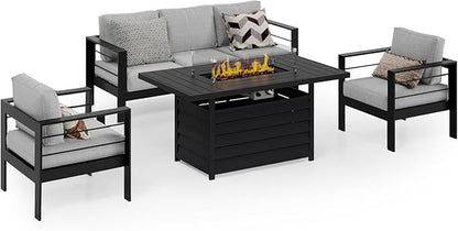 Wisteria Lane Aluminum Patio Furniture Set, 5 Seats Metal Outdoor Furniture Set with CSA Certified 54in Propane Gas Fire Pit Table, Patio Conversation Set with 5in Olefin Cover Cushions, Light Grey