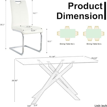 Goujxcy Modern Glass Dining Table Set for 6, Black Glass Kitchen Table and Chairs Set, 7 Piece Dining Room Table Set with 51" Rectangle Dinner Table and 6 White Leather Dining Chairs