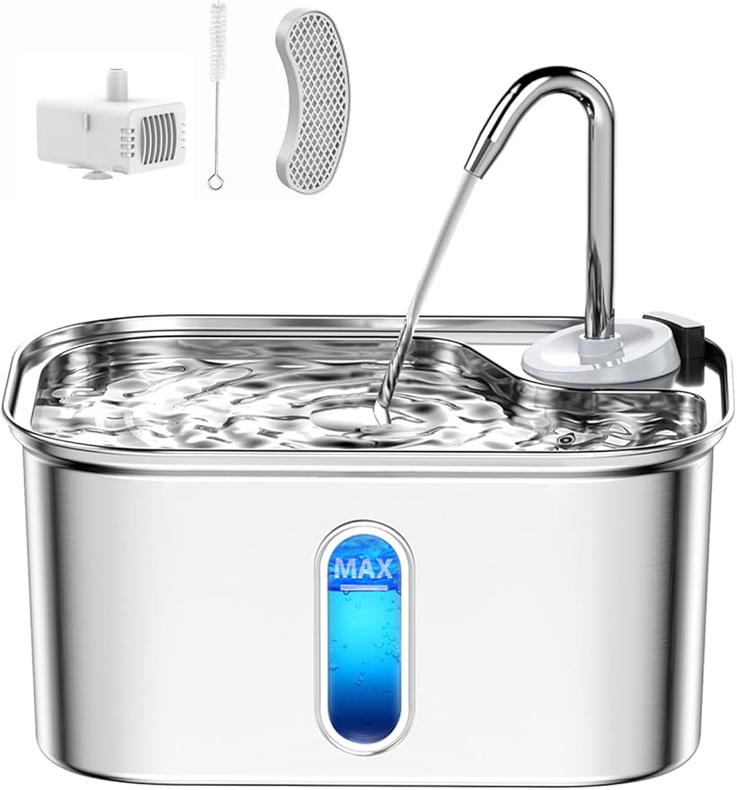 Cat Water Fountain Stainless Steel for Cats Indoor by BPA-Free SUS304, Effective 6-Layer Filter Cat Fountains for Drinking 2.5L 85oz 20dB Ultra Quiet Soft Flow Metal Pet Water Fountain
