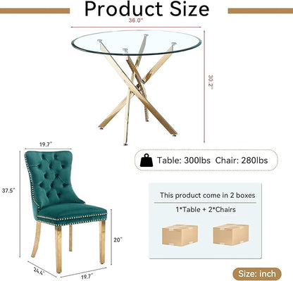 Goujxcy 3 Piece Round Glass Dining Table Set for 2, 36" Round Dining Table & Chair Set Modern Circle Glass Kitchen Table and 2 Velvet Upholstered Chairs for Kitchen Dining (Gold Table & Green Chair)