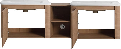 Goujxcy 68 Inch Bathroom Vanity with Sink Combo Modern Floating Vanity Cabinet with Ceramic Vessel Sink and Storage Shelves, Soft Closing Door Design (Imitative Oak)