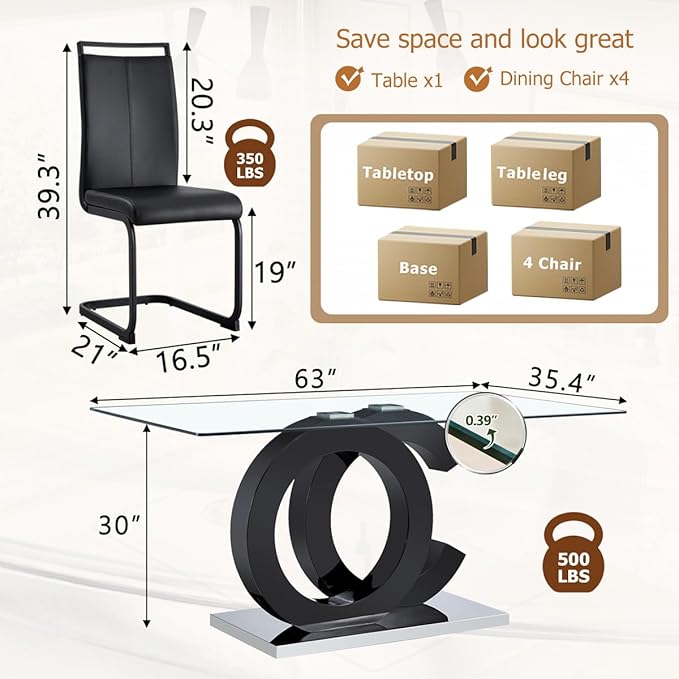 63'' Glass Dining Table Set for 4, Kitchen Table Chairs Set of 4, Clear Glass Dining Table with Black unique design Leg and Silver Metal Base, 4 PU Dining Chairs with Metal Legs, Living Room, Kitchen.