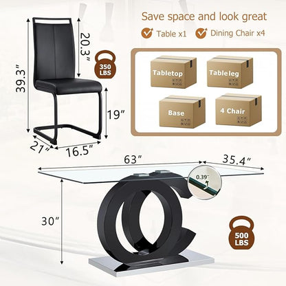 63'' Glass Dining Table Set for 4, Kitchen Table Chairs Set of 4, Clear Glass Dining Table with Black unique design Leg and Silver Metal Base, 4 PU Dining Chairs with Metal Legs, Living Room, Kitchen.