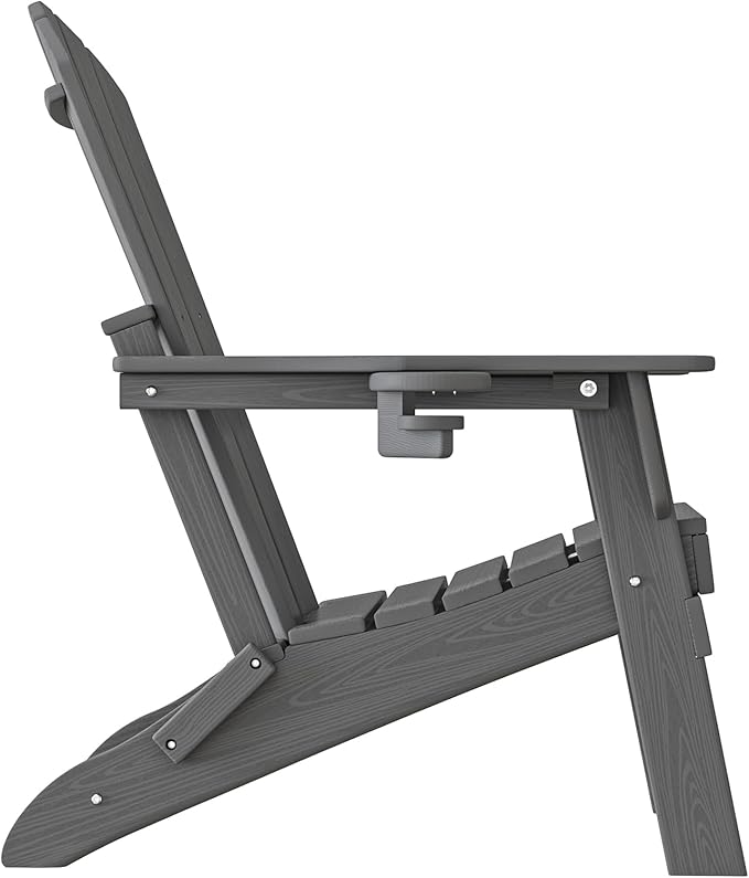 Plawdlik Folding Adirondack Chair, SGS Tested, Wooden Textured with Cup Holder, Heavy All-Weather HDPE Comfortable Set Poolside Backyard Lawn Grey Set 4