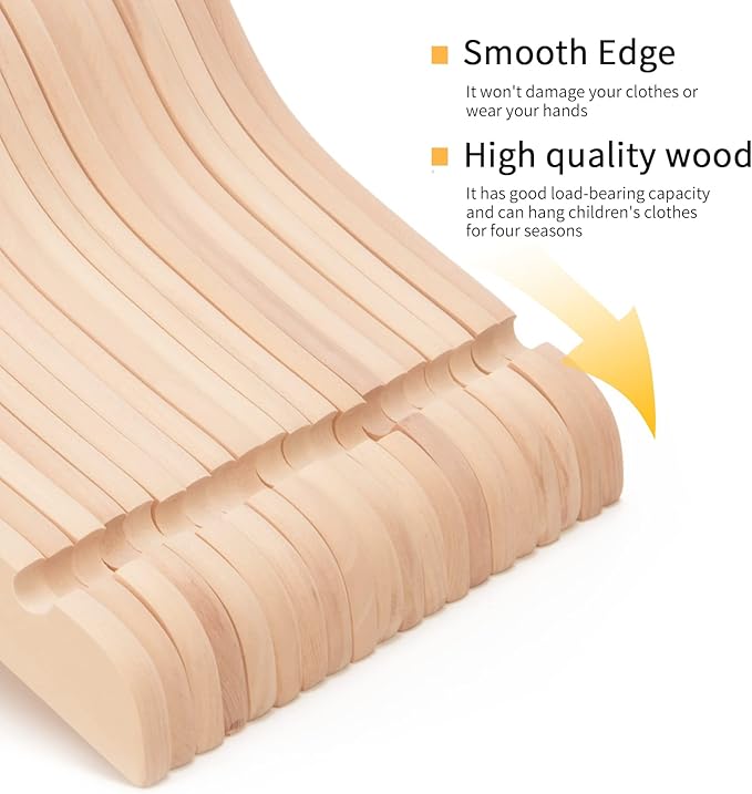 Nature Smile 20 Pack Unfinished/Natural Kids Baby Children Toddler Wooden Shirt Dress Coat Hangers with No Painting - 360°Stronger Anti-Rust Chrome Swivel Hook - Extra Smoothly Cut Notches