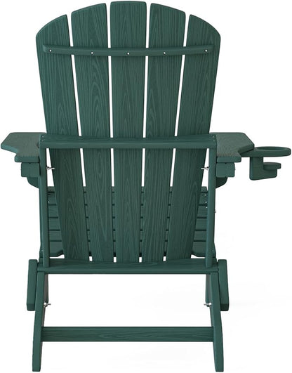 Plawdlik Folding Adirondack Chair, SGS Tested, Wooden Textured with Cup Holder, Heavy All-Weather HDPE Comfortable Set Poolside Backyard Lawn Green