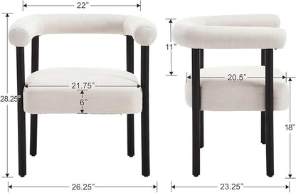 Mid-Century Modern Dining Chairs Set of 4, Armrest Barrel Dining Chairs Side Accent Chairs with Curved Back, Upholstered Wood Armchairs for Kitchen, Linen Beige