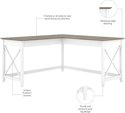 Bush Furniture Key West Modern Farmhouse L-Shaped Desk L Desk for Home Office in Pure White and Shiplap Gray 60W Corner Desk