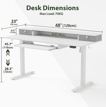 Agilestic Electric Standing Desk with 2 Drawers and Keyboard Tray, 48 x 23 Inches Ergonomic Adjustable Height Desk with Storage, Sit Stand Computer Workstation, White