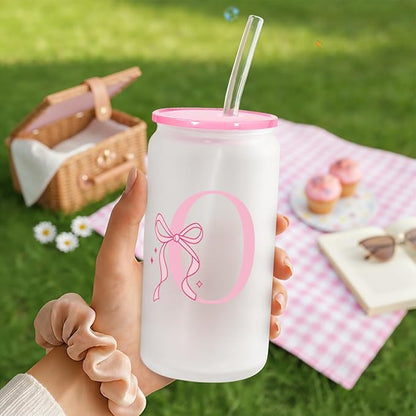 SANDJEST Monogrammed Glass Drinking Can Cup with Acrylic Lid and Straw, Personalized Frosted Iced Coffee Tumbler 16oz, Monogram Initial Gifts for Women Girls on Birthday (O)