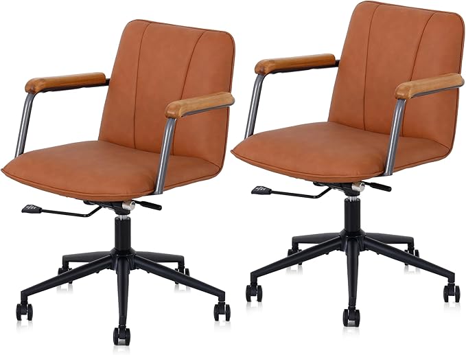 Home Office Desk Chair, Ergonomic Minimalist Faux Leather Swivel Chair with Oak Wood Armrests, Comfortable Task Chair for Computer or Study Room, 2 Pack, Rust Brown