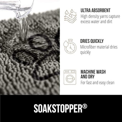GORILLA GRIP SoakSTOPPER Dog Door Mat, 30x20 Machine Washable Rug Absorbent Doormat Captures Moisture Mud Dirt, Quick Dry Soft Chenille Entryway Rugs Indoor Entrance Mats for Dog Paws, Paw Grey