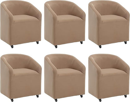 Set of 6 Modern Upholstered Dining Chairs with Swivel Casters, Velvet Barrel Back Accent Side Chair for Dining Room Living Room, Khaki