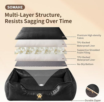 SOMAHE Waterproof Leather Dog Bed, Bolster Couch, 24x19x9 Black | Wipe-Clean Waterproof Leather + Removable Cushion: raised bolsters create a cozy bed for small-medium dogs.