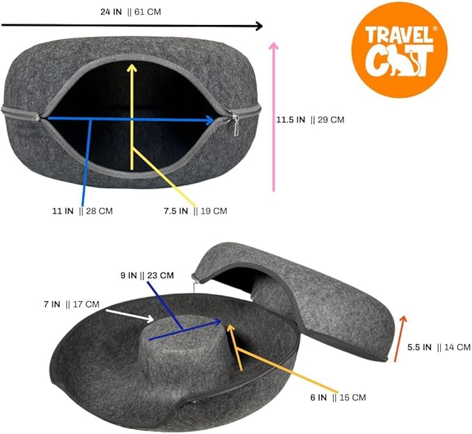 Travel Cat Tunnel Bed Cave - 21 Inch Large Premium Grey Round Donut Cat Cave for Indoor Cats, Kitten - Detachable Cat Hideaway Cat Bed with Tunnel for Playing, Scratching, Sleeping