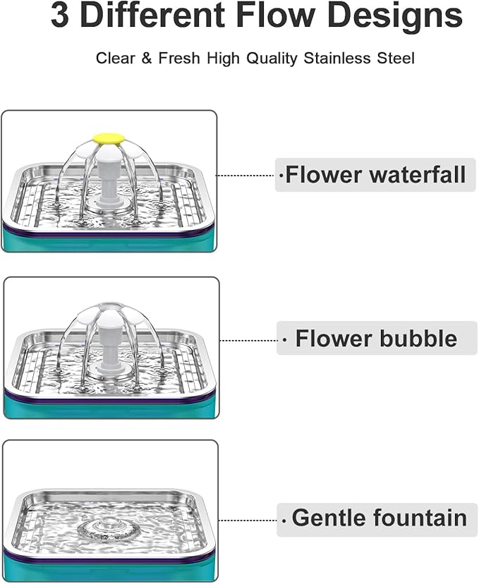 Crystal Cat Water Fountain Stainless Steel with 4 Filters and 4 Sponges, 101oz/3L Pet Fountain with LED Light for Cats and Dogs (Green)