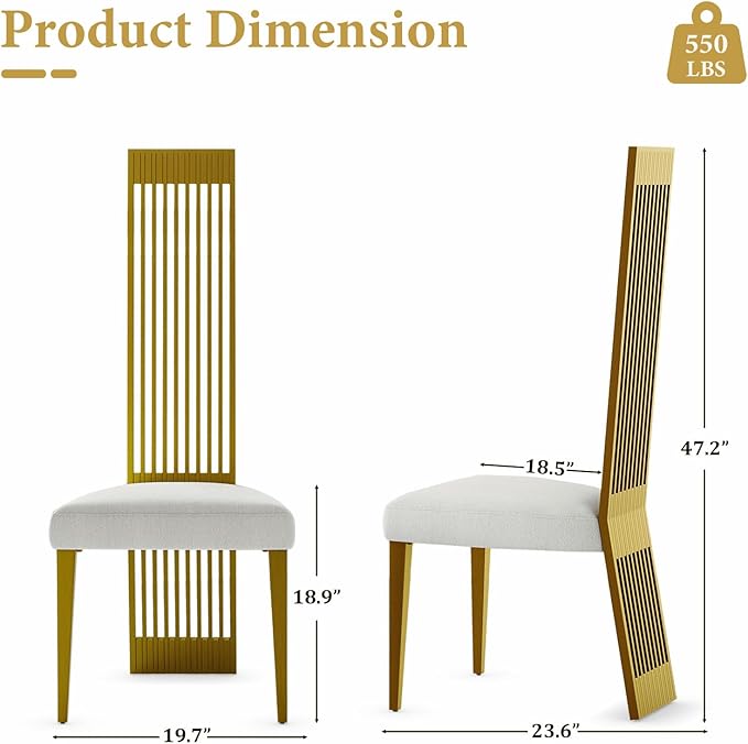 Modern Dining Chairs Set of 6, White Sponge Dining Room Chairs with Brushed Gold Stainless Steel Legs, Upholstered Chairs with High Back and Metal Legs for Living Room/Kitchen/Restaurant