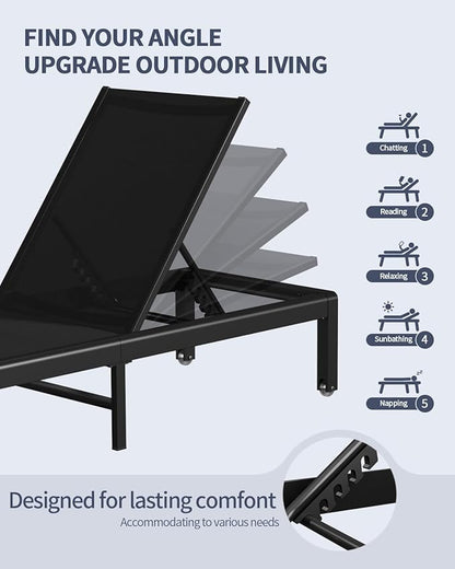 Aluminum Lounge Chairs Outdoor Chaise Furniture,2 Sets Patio Metal Deck Lounger Adjustable 5-Position Poolside Chase Recliner with Wheels for Beach,Coffee Table, (Black, 2 Chairs + Table)