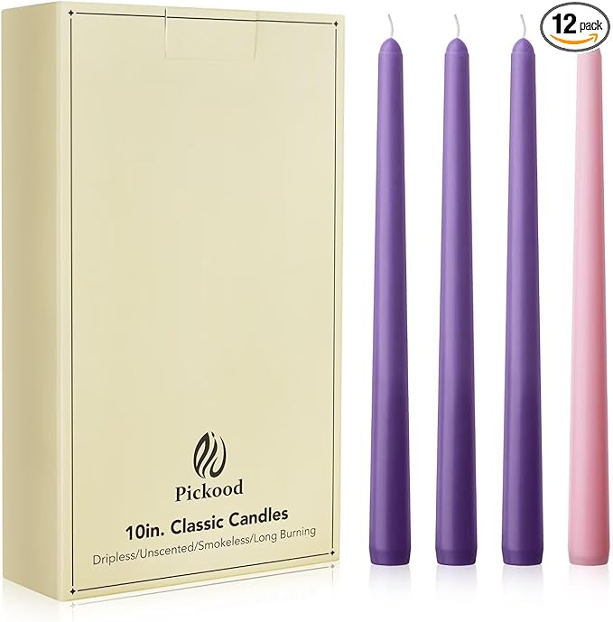10-Inch Tall Dripless Advent Candles Set of 12, Tapered Candles, Perfect for Christmas - Smokeless, Unscented, Long Burning - Hand Poured, Colored Tall Candlesticks - Pink and Purple