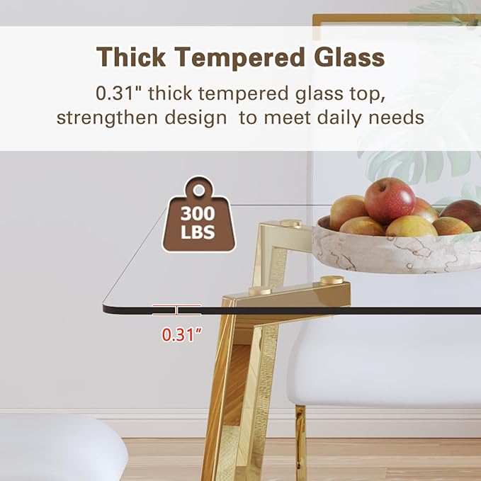 51" Glass Dining Table Set for 4,Small Kitchen Room Dining Table Set 4 with Chairs,Tempered Glass Top with Gold Legs,Easy to Assemble,Dinette Breakfast Nook