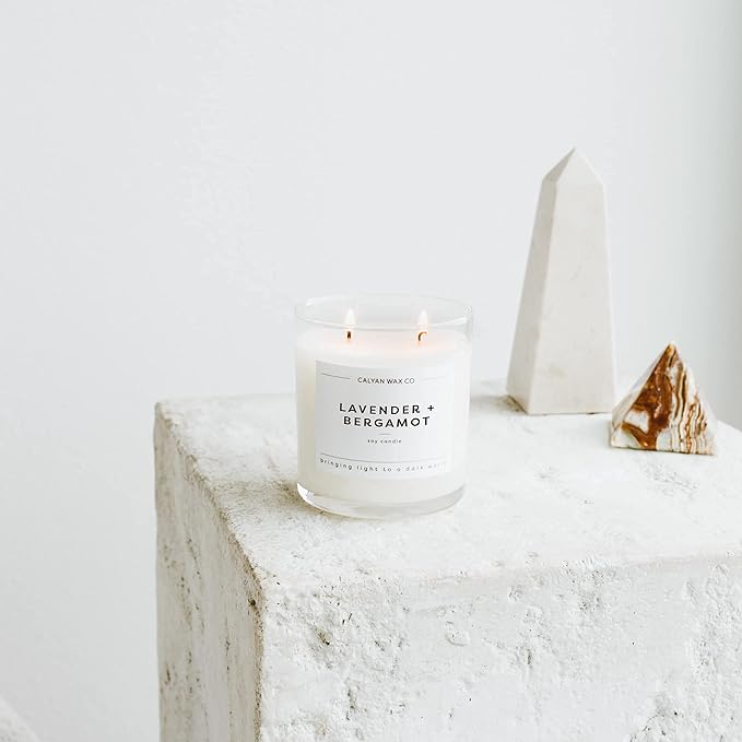 Calyan Wax Co. Lavender & Bergamot 2 Wick Scented Candle - 37 Hour Burn - Luxury Non Toxic Soy Wax Candles - Long Lasting Large Glass Jar Candle for Home - 8.8oz
