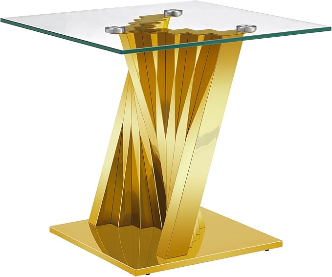 Goujxcy Modern Glass End Table Gold Sofa Side Table with Tempered Glass Top and Mirror Finish Stainless Steel Legs, Luxury Square Sofa Side Table Bedside Table for Living Room Bedroom (Gold)