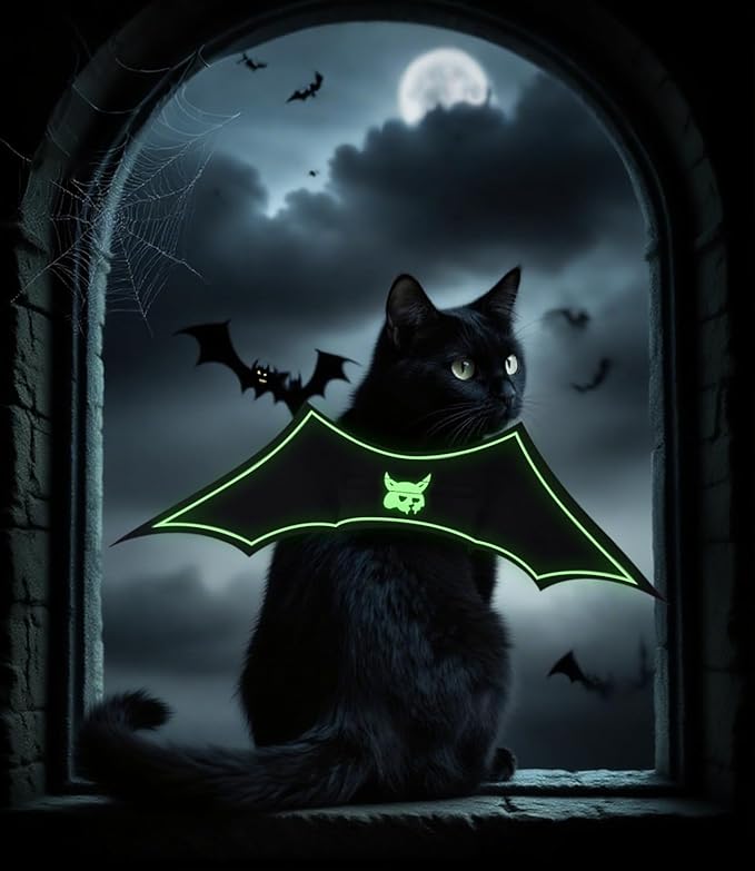 Glow in The Dark Bat Wings Pet Costume, Cat Bat Wings for Halloween Party Decoration, Light Up Pet Collar Leads Cosplay Bat Costume, Cute Puppy Cat Dog Dress Up Accessories ﻿
